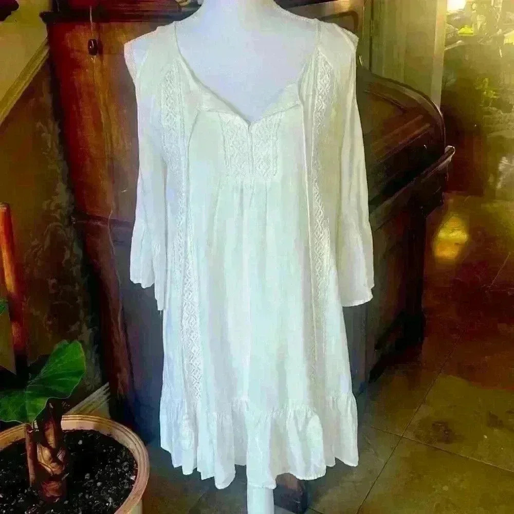 Entro ladies sundress cold shoulder small OS flowy white Lacey. Fully lined. - Picture 3 of 10